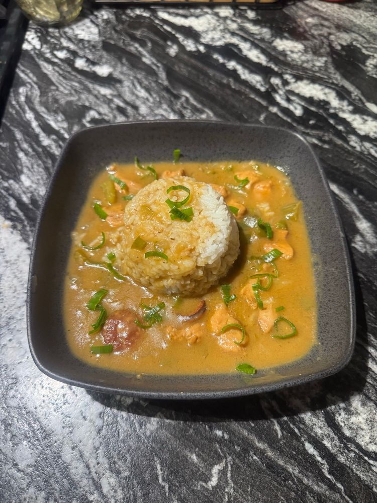 homemade chicken and sausage gumbo with rice 