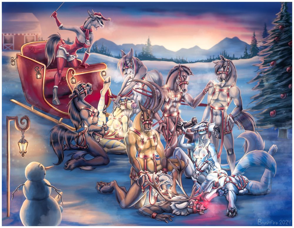 NSFW: A bunch of critters in festive holiday reindeer harnesses hitched to a sleigh in the snow, all festively fucking and fellating each other instead of actually pulling, which for some reason seems to frustrate the riding-crop-yielding donkey in the sleigh.