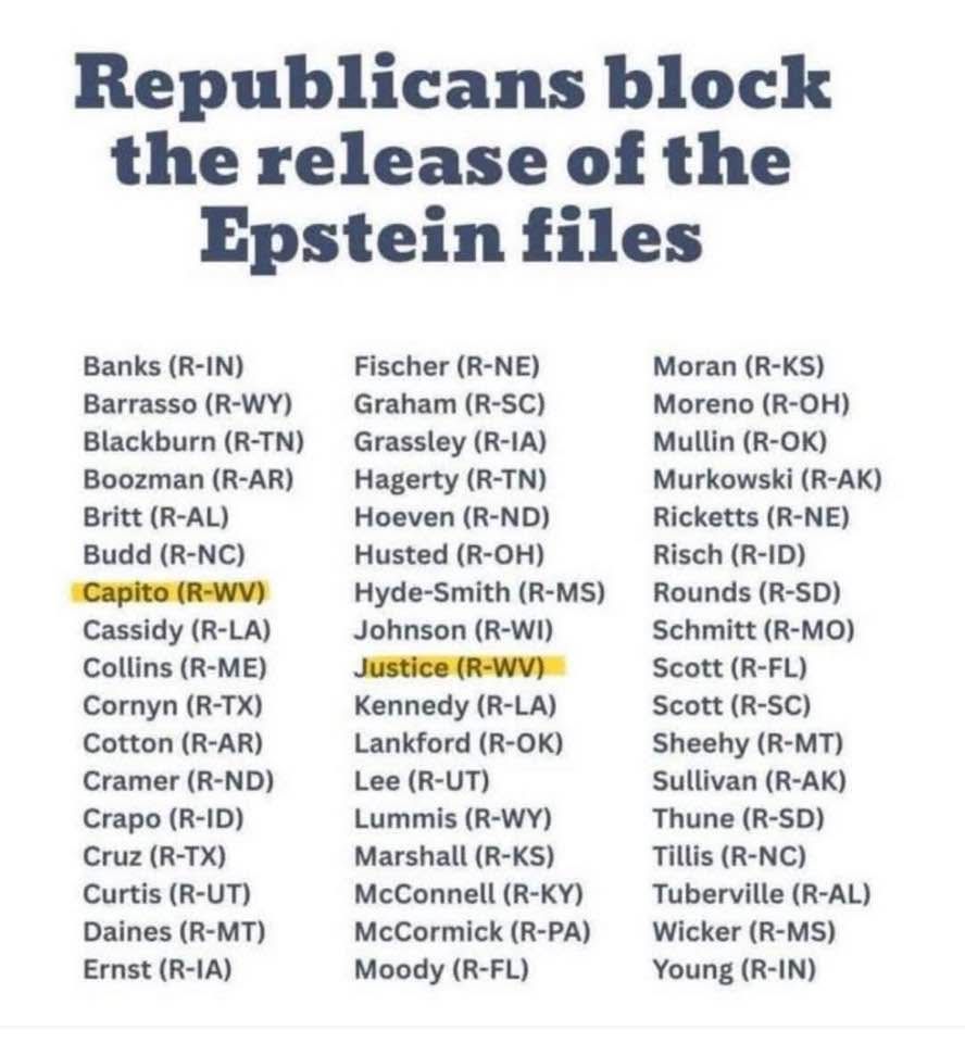 List of 51 Senators, all Republicans, who today blocked the release of the Epstein files.