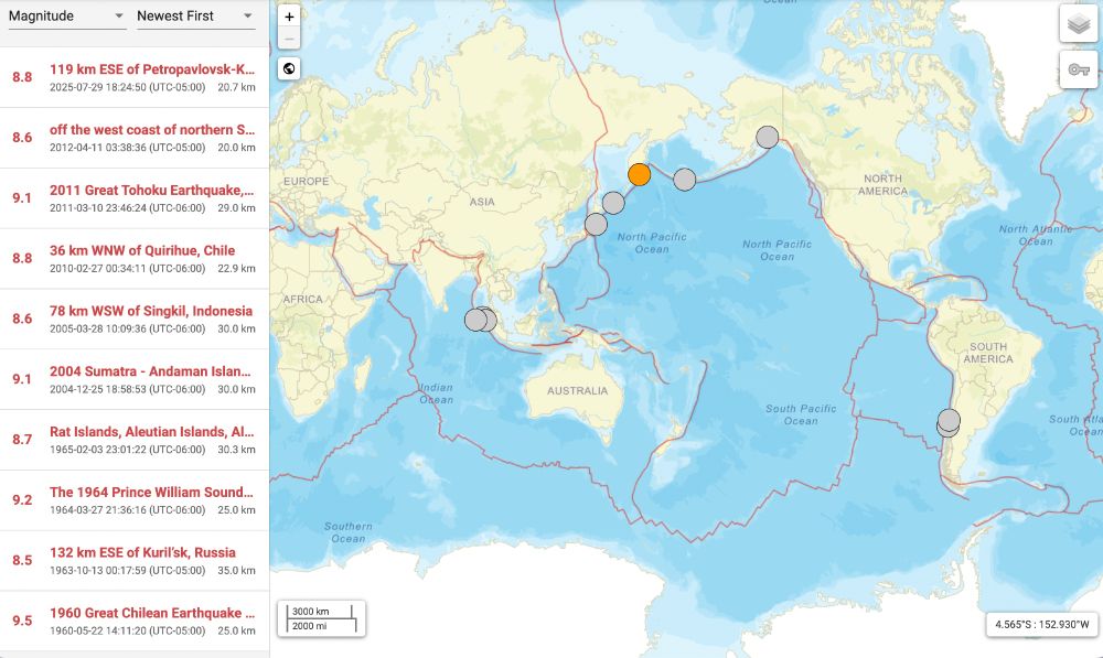 Screencap of USGS earthquake search results, showing a map and the following earthquakes:
2025 8.8 Kamchatka
2012 8.6 Sumatra
2011 9.1 Japan
2010 8.8 Chile
2005 8.6 Indonesia
2004 9.1 Sumatra
1965 8.7 Aleutians
1964 9.2 Alaska
1963 8.5 Kamchatka
1960 9.5 Chile