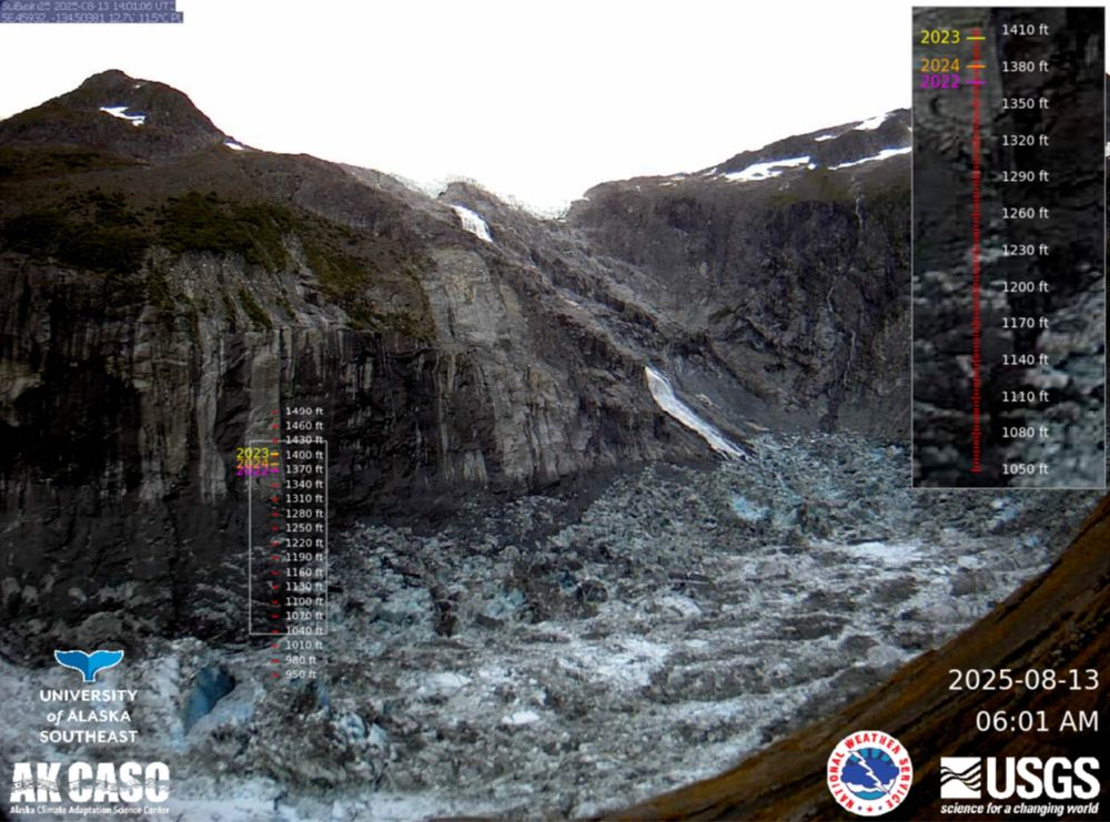USGS/NWS webcam showing the ice-dammed lake at Mendenhall glacier empty, with just icebergs and a little water in the bottom of the basin