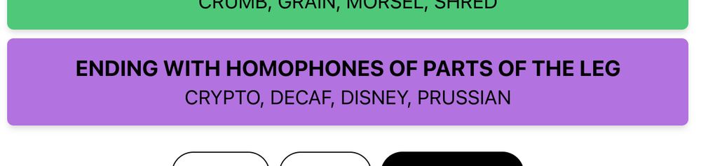 Screencap of a Connections game solution where the purple category is "Ending with homophones of parts of the leg" and the answers are crypto, decaf, Disney, and Prussian