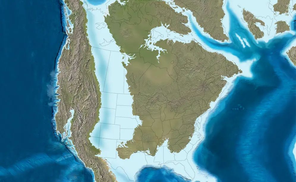Blakey paleogeographic map of North America during the Cretaceous, when the Cretaceous Western Interior Seaway split the continent into two with a shallow sea in the middle