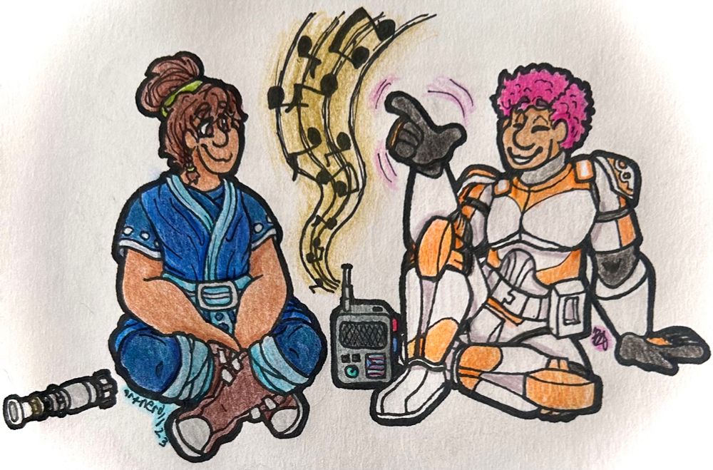 Traditional drawing of two boys sitting beside a radio. Jaden, a human padawan oc, sits criss cross with his hands in his lap and a relaxed smile. His lightsaber sits off to the left. Lucky, a clone oc from Obi Wan’s Battalion, leans back casually. He rests one elbow on his own propped up knee. He grins, eyes shut happily as his finger waves to the beat. Music notes trail up from the radio.