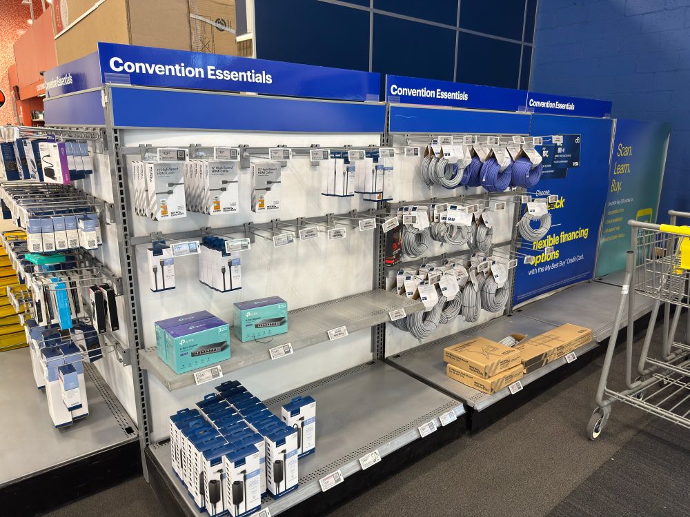 a shelf section at best buy right at the entrance that is titled Convention Essentials and has routers, ethernet cables, hdmi cables, usb hubs and other things hackers probably forgot at home. some items are already sold out