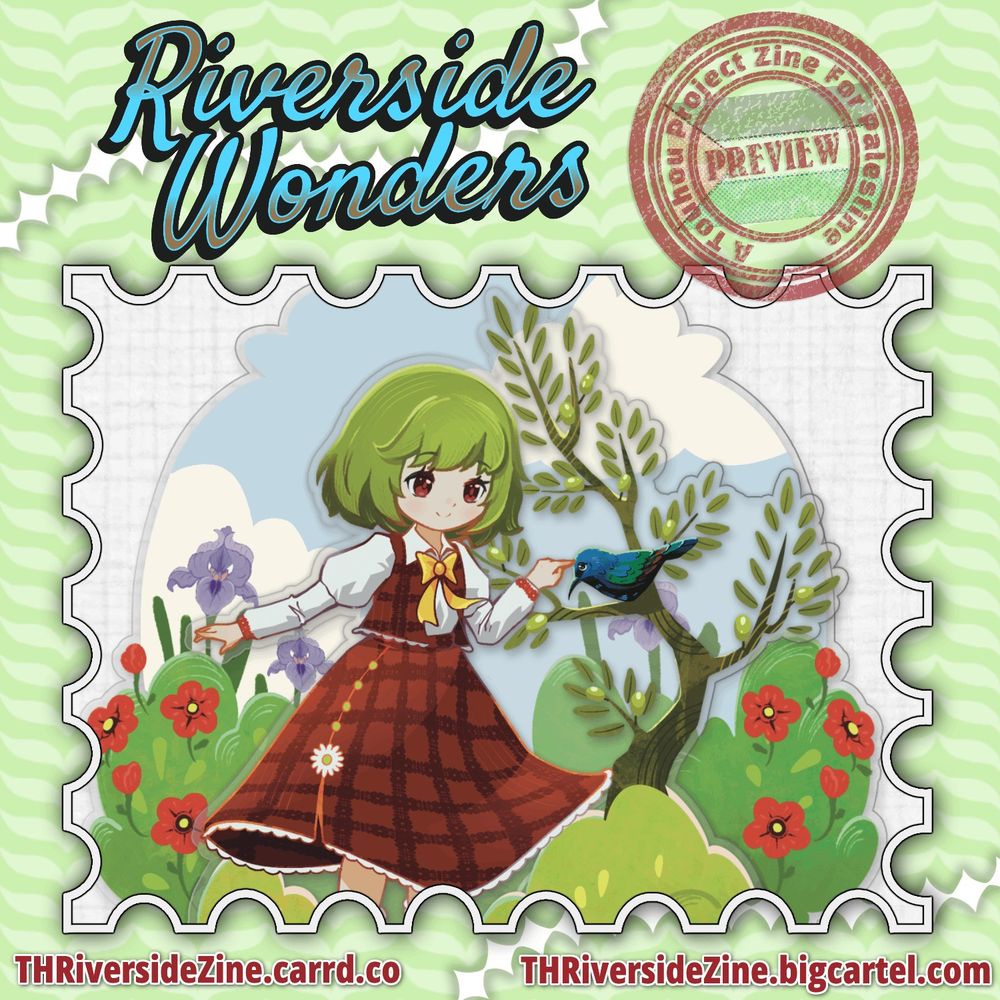 A preview of a Yuuka Kazami acrylic standee. She is smiling and approaching a Palestinian sunbird sitting on an olive tree, petting it on its head with her index finger. Behind her is a background acrylic with bushes, Palestinian poppies, faqqua irises, and a cloudy sky.