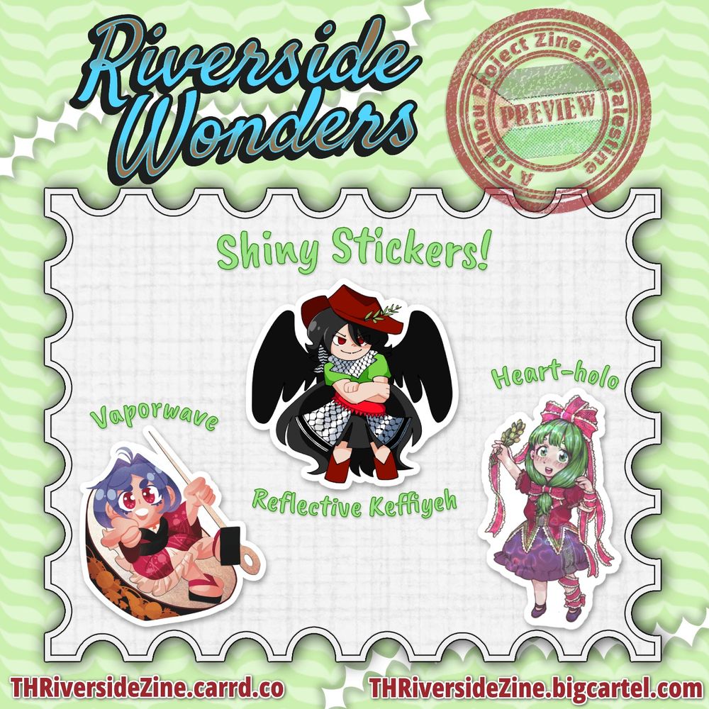 A preview of 3 holographic stickers of Shinmyoumaru Sukuna, Saki Kurokoma, and Hina Kagiyama. Shinmyoumaru is laying in her bowl, smiling and pointing at the viewer, while holding her needle. Her sticker has a vaporwave effect, giving a shiny chrome look to the inside of her bowl. Saki has her arms crossed, with an intimidating look on her face. She is wearing a keffiyeh, which will have a reflective property on the sticker. Hina is smiling and holding up an olive branch. Her sticker has a heart-holographic effect, giving her an overlay of small pink hearts.