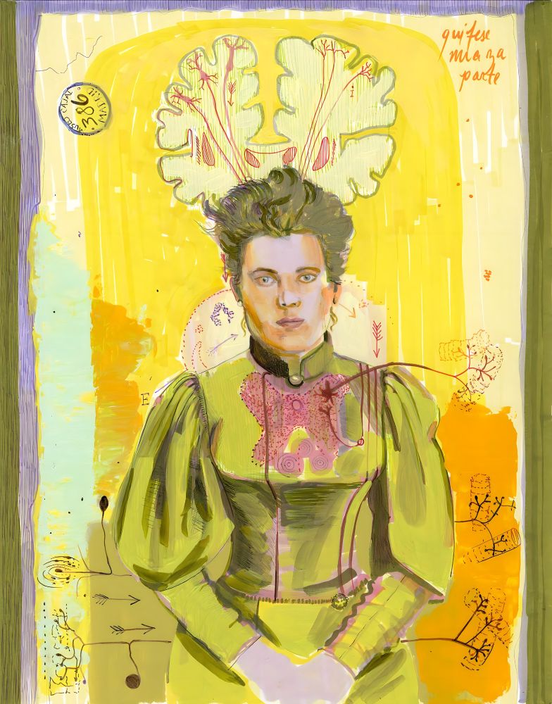 This is a scientific illustration by artist Dawn Hunter of Cajal's wife Silveria juxtaposed with images of a spinal cord drawing by Cajal.