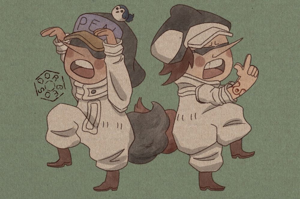 Illustration of Penguin and Shachi from One Piece as Tontattas.
The rendering is pencil and watercolor like.