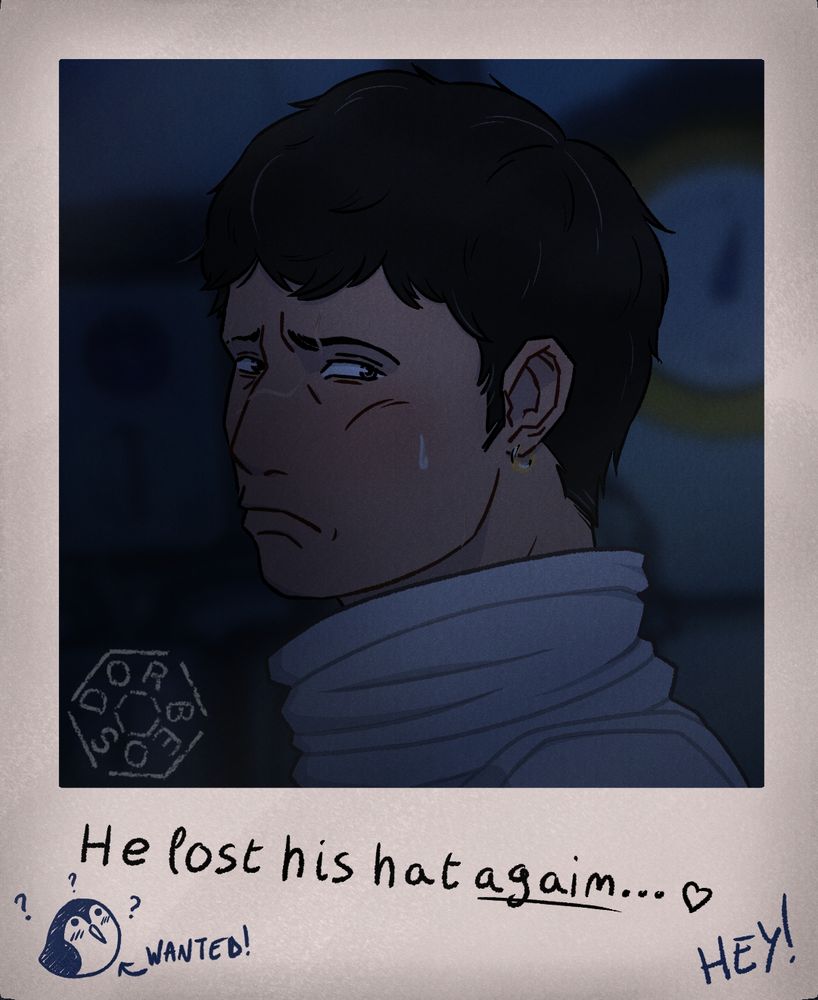 Illustration of a polaroid like photo of Heart Pirate Penguin!
He lost his hat again...