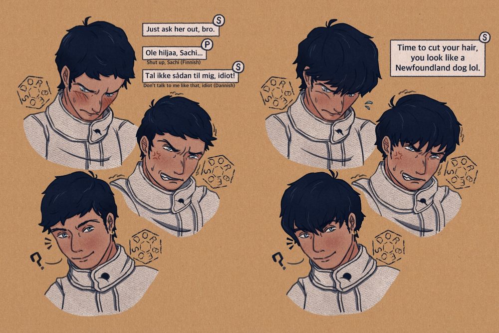 Character sheet for the Heart Pirate Penguin, with short and longer hair
Shachi is also teasing him