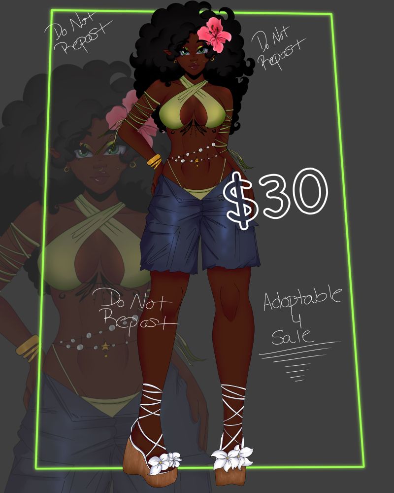 Black Elf wearing a green bikini with blue shorts and white sandals with a flower in their hair. Text: Adoptable for sale. Do Not Repost. $30
