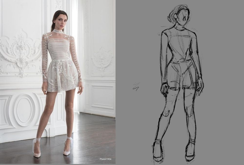 Photo is a side by side collage, on the left is a photograph of a woman in a white dress, on the right is a rough sketch drawn using the photo as reference.