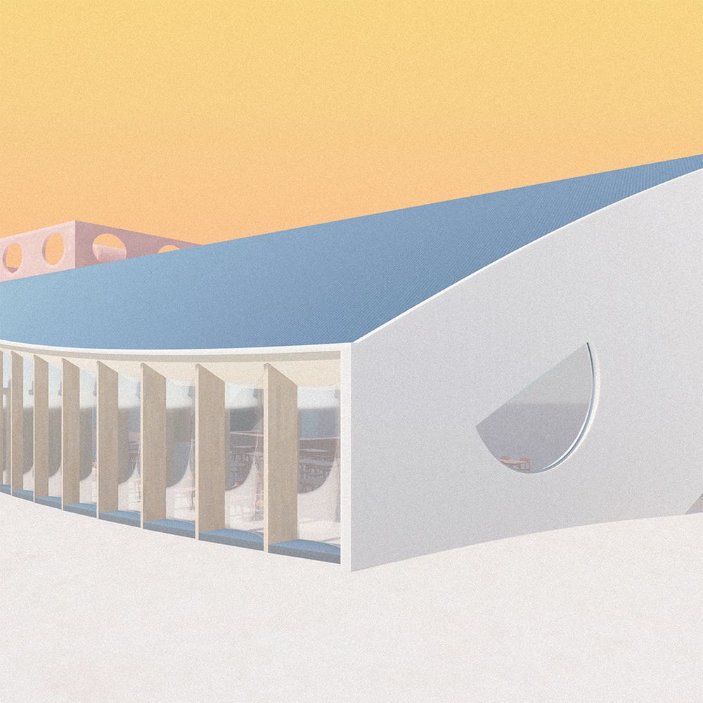 A rendering showing a corner of the museum where 3 distinct surfaces meet: the fluted glass facade, a curved wall with a semi-circle window, and a photovoltaic pitched roof.