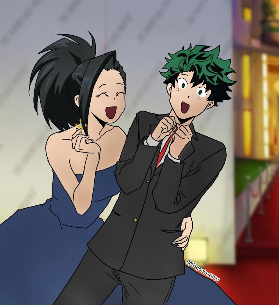 Momo Yaoyorozu in a blue dress holds an engagement ring in one hand and has her other on Izuku Midoriya's waist. Izuku is in a black suit with a red tie, he has an excited and surprised look on his face while Momo has an ecstatic look on hers. She is proposing to Izuku. IzuMomo Proposal - tiagoalex0731