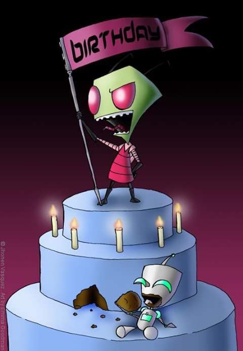 A picture of Zim from Invader Zim standing on top of a three layer cake holding a flag, the banner reading birthday. There are 5 candles on the second tier, with a chunk taken out of the bottom of the second tier by Gir, who is sitting on the bottom tier of the cake and already has chocolate all over his mouth. The cake is covered in blue icing, the background fades from a dark pink/purple at the bottom of the picture to black at the top. This particular art piece is by Emma Goodman.