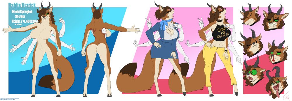 Ref sheet for Dahlia Verrick, a dhole + springbok hybrid lady who also has two sets of extra cybernetic arms. Tall, elegant, confident.