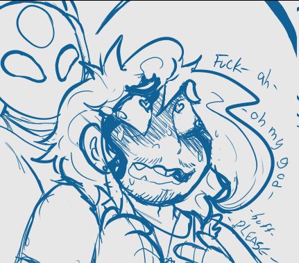 Sketch of OP's OC J0nny, looking incredibly flustered and being held against Looks to the Moon's puppet while he gasps and pleads.