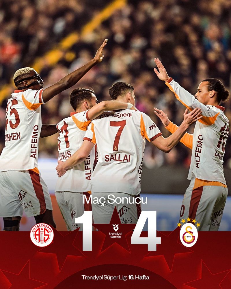 Maç Sonucu : Antalyaspor 1 - 4 Galatasaray SK

"Antalya Deplasmanında 3 Puanı 4 Golle Alıyoruz!"

'6 (10) Leroy Sane
'11 (7) Roland Sallai
'55 (45) Victor Osimhen
'90+3 (9) Mauro Icardi

'69 (22) Sander Van De Streek

#ANTvGS #TSL 