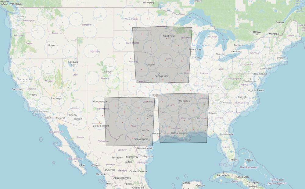 Map of continental U.S. with Warn-on-Forecast domains shaded in gray. The southwestern domain covers an extremely critical fire weather risk; the eastern domain covers an ongoing severe weather risk, and the northern domain will cover an ongoing rainfall/winter weather risk.