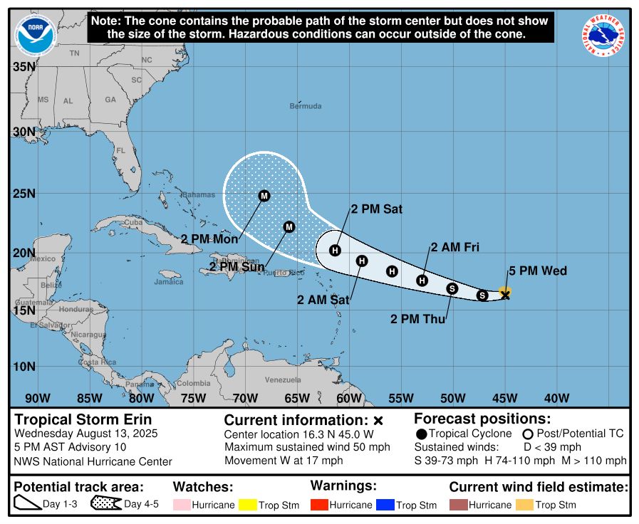 Map from National Hurricane Center showing the forecasted track of Tropical Storm Erin (5 PM EDT advisory). 

Center location: 16.3 N, 45.0 W
Maximum Sustained Wind: 50 MPH
Movement: West at 17 MPH