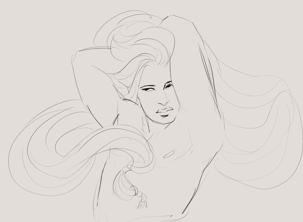 digital waist-up sketch of a shirtless man with his hands behind his head, elbows lifted, his long hair flowing around him.
