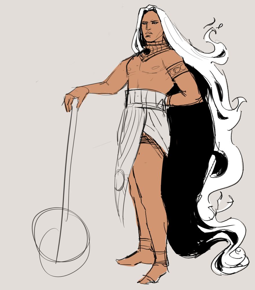 rough sketch of a shirtless man with light brown skin and long black and while hair, leaning on a very large mace and with one hand behind his back. he looks stern.
