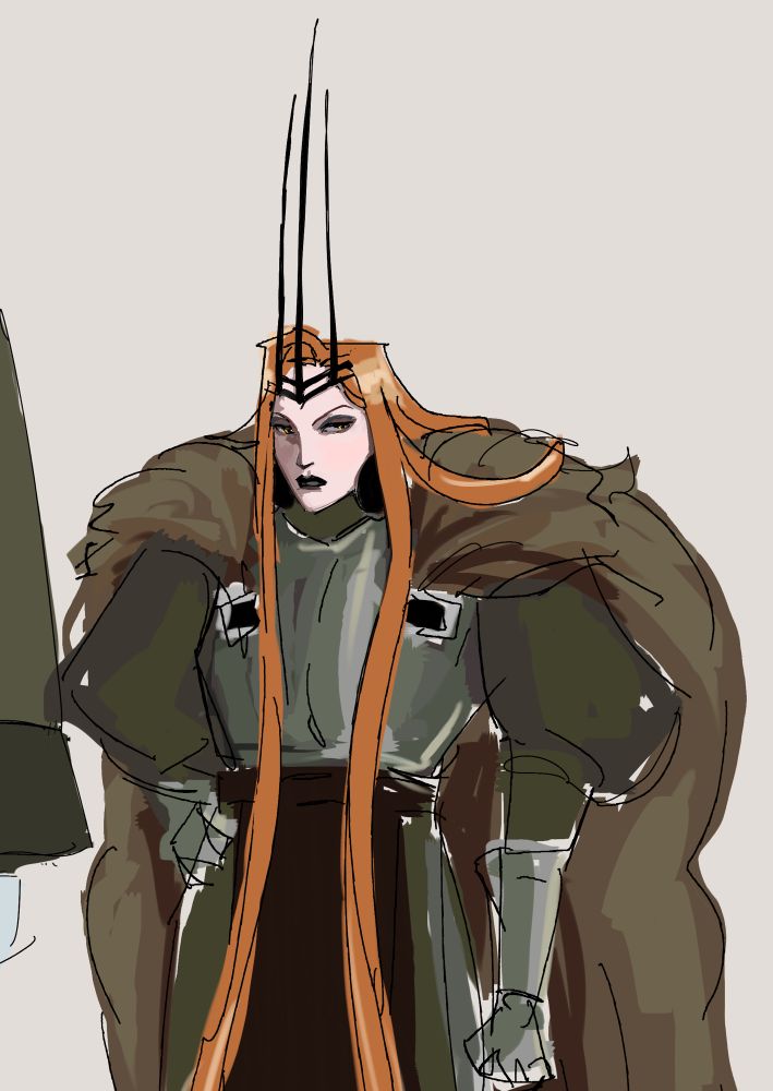 Roughly coloured drawing of an orange haired man with a big fur cloak and tall spiky headpiece, wearing a breastplate. 