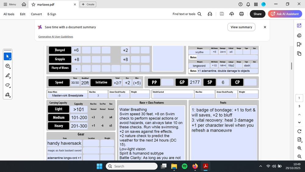 screenshot of a dnd 3.5 character sheet open in adobe. there is a prompt saying "save time with a document summary" with "generative AI user guidelines" beneth it.