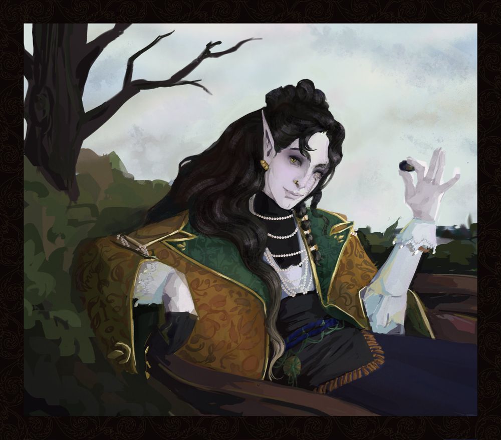 rendered drawing of a character with grey skin, black hair, and a scar over one eye, reclining on a chaise and with an olive in one hand.