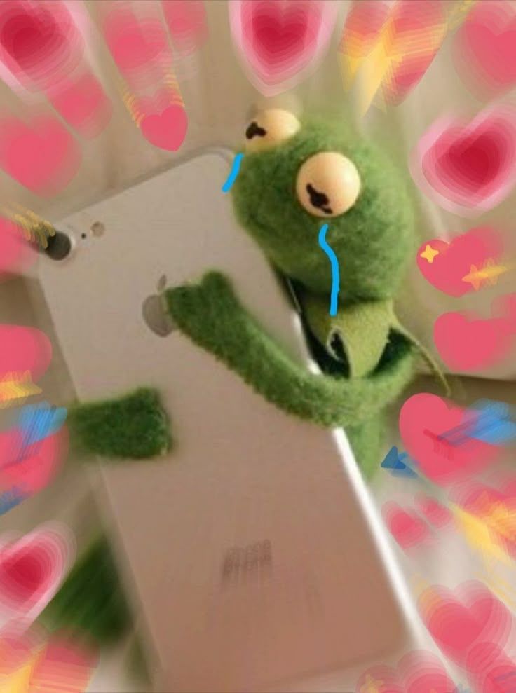 Kermit hugging an iPhone with heart emojis surrounding him while he cries.