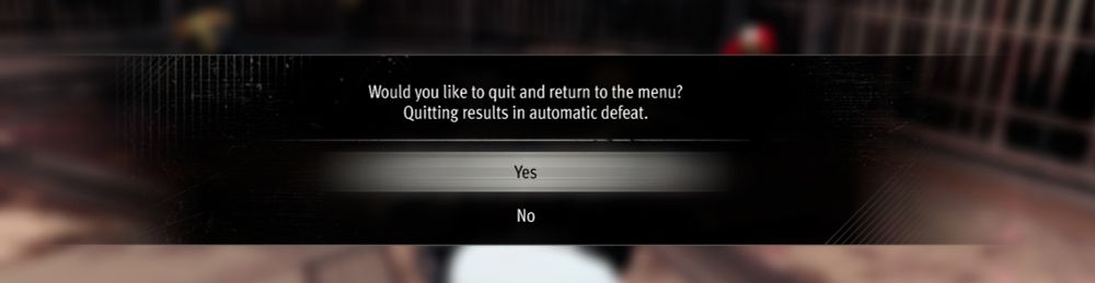 a screenshot from rgg 7 gaiden showing 'would you like to quit and return to the menu? quitting results in automatic defeat'