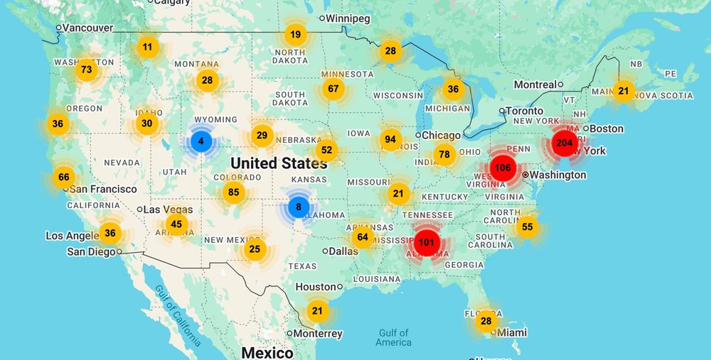 Image of a map of the United States showing all of the public radio stations