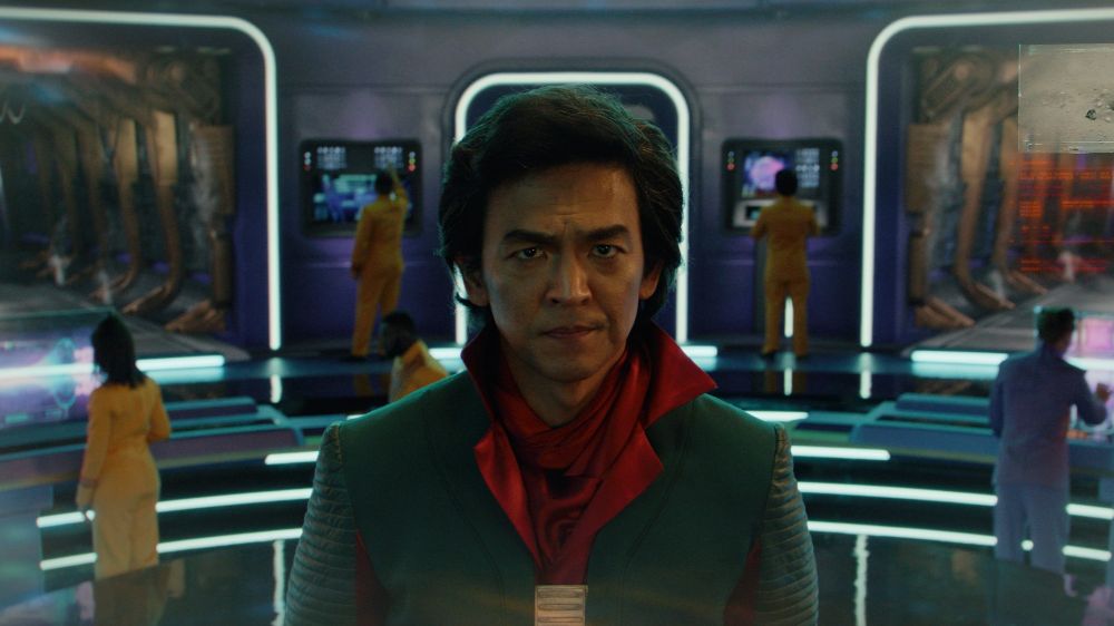 Actor John Cho in "The Rise and Fall of Sanctuary Moon", a fictional science fiction show in the book and TV series "Murderbot" by Martha Wells