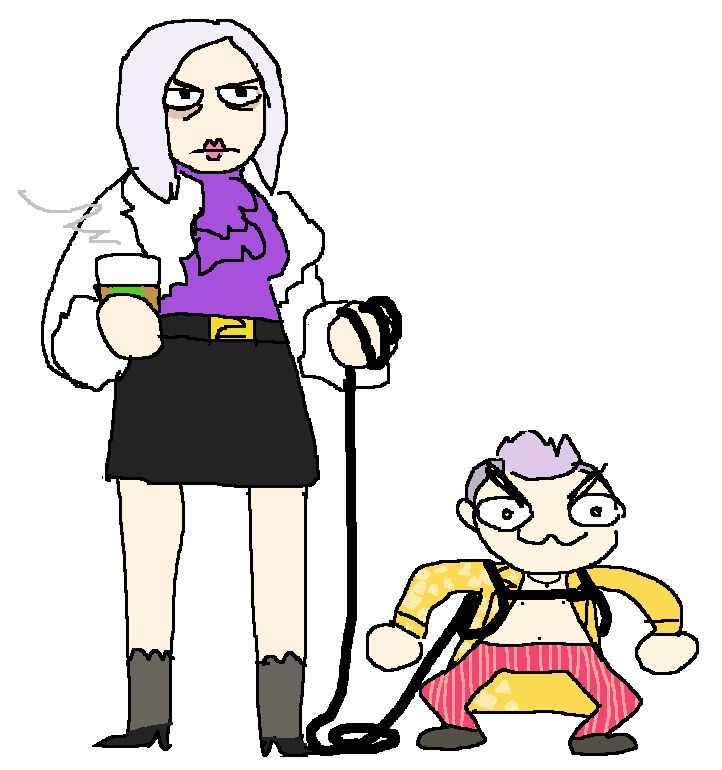 crude fanart of dead by daylight. yun-jin lee, a very immaculately dressed woman, is standing there with bags under her eyes, a starbucks coffee in one hand, a leash in the other connected to a harness, which is around the chest of a tiny trickster with a >:3 face, as if holding him in check like a small child because he is about to cause problems on purpose