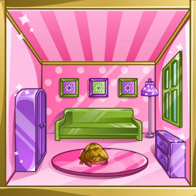 neopets screenshot of a small maraquan geb (basically a tiny hermit crab) in a pink and purple and green dollhouse with him-sized furniture.