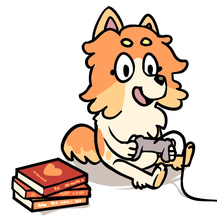 digital art of a bluey oc. as expected it is a cute little anthropomorphic dog sitting there in the bluey style, the colors reminiscent of orange cream. she is happily playing video games on a controller whose wire leads offscreen. beside her are some stacked books.