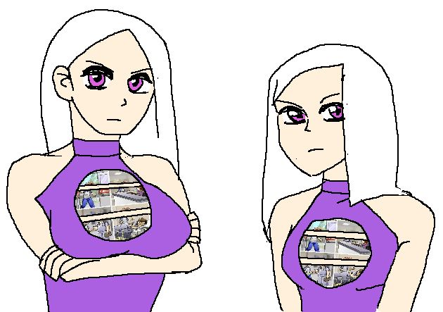 crude drawing of two anime girls with matching white hair and purple eyes, wearing matching purple turtlenecks with Loss.jpg on their chests, with straight cutouts of the fabric creating boob windows that censor ethan's eyes on the comics. they stare at you condescendingly.