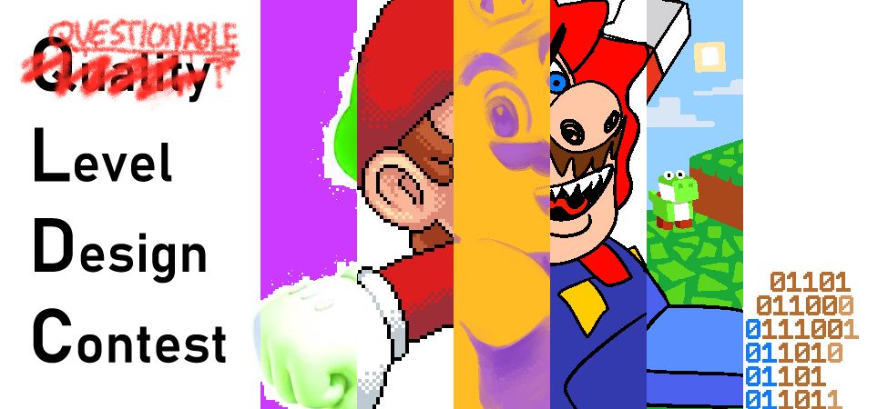 Art of Mario jumping while looking at the camera, his arms outstretched, except it is in six slices, each with a different artistic approach, ranging from a soft painterly approach to pixel art to rendered in binary. It says "Quality Level Design Contest" except Quality has been spraypainted and "Questionable" written over.