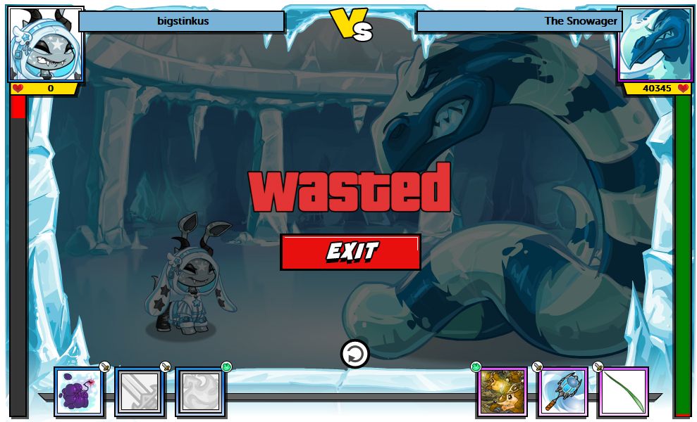 neopets battledome defeat screen but it says "wasted" like GTA.