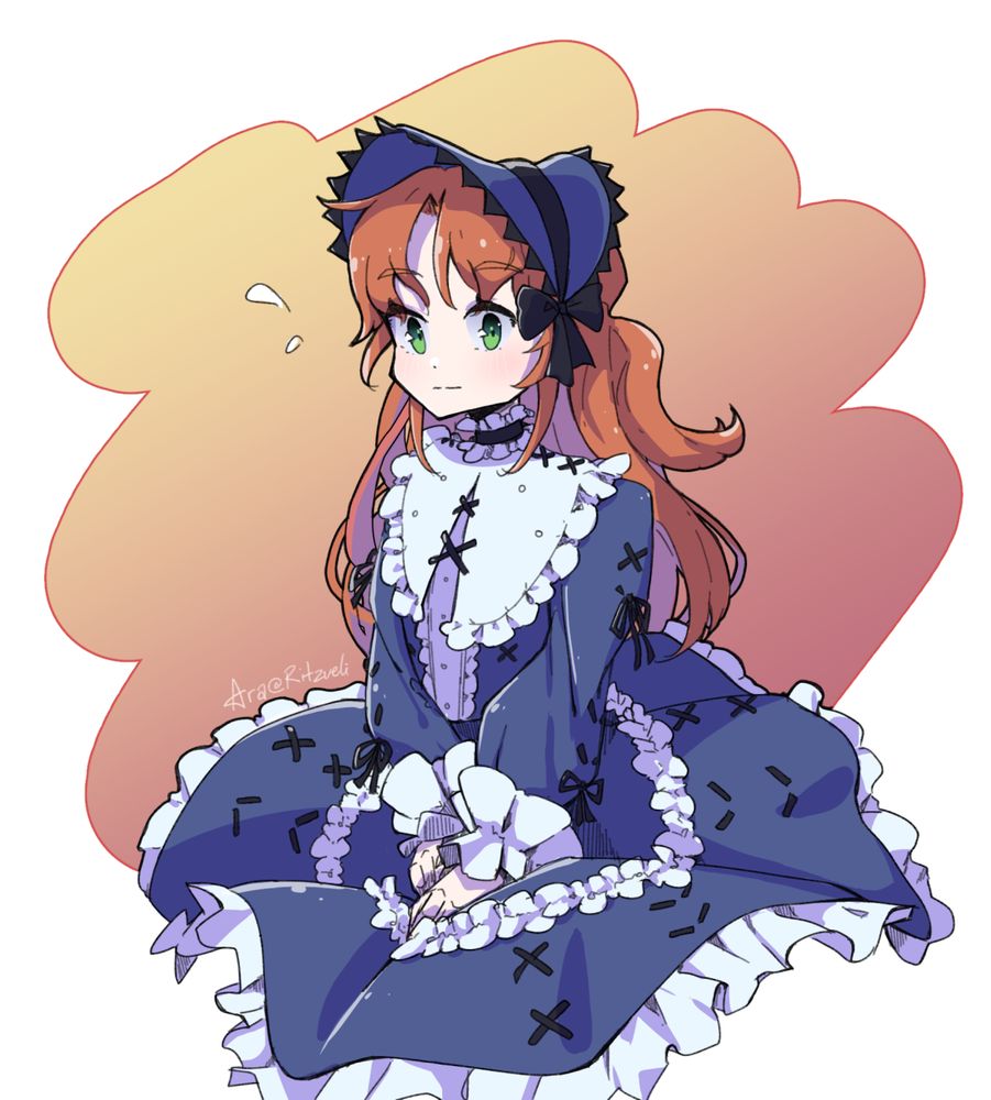 Illustration of @jsstaedtler's OC Ceilidh in a blue lolita style dress and headpiece. The background is a gradient of yellow to dark orange
