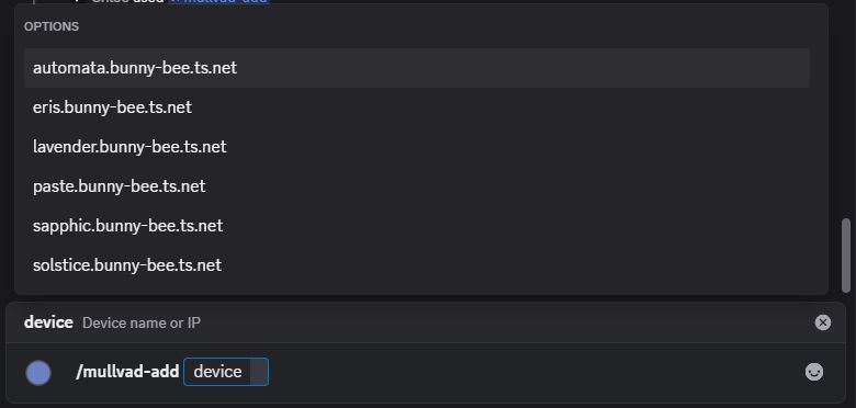 The /mullvad-add slash command on Discord proviiding me an autocomplete list of devices in my Tailscale tailnet which have not yet been added to Mullvad VPN. 