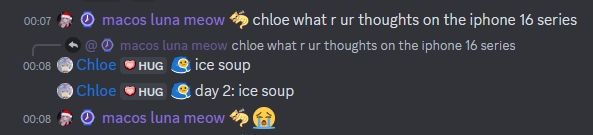 luna: chloe what are your thoughts on the (iphone) 16 series

chloe: ice soup

chloe: day 2 ice soup

luna: [sobbing emoji]