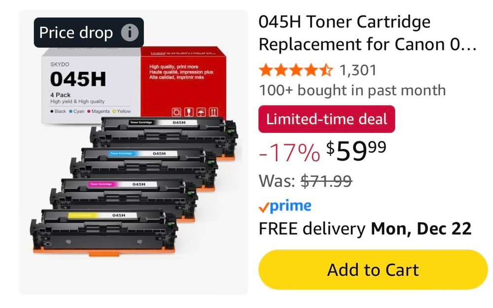 Toner Cartridge Replacement for Canon 045H
-17% ($59.99)
Was: $71.99

(The joke here is the toner cartridges look a lot like RAM sticks.)