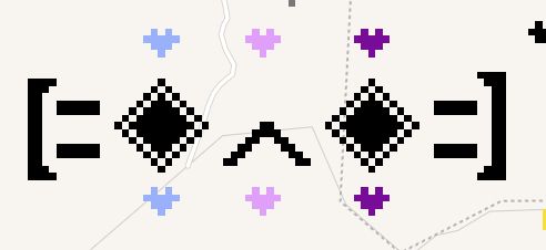 A "sad" face kaomoji expression for the Porter Robinson's Worlds album, drawn in the Wplace website. There are 3 hearts at the top, and 3 hearts at bottom, each with the color scheme taken from the album cover art. (Light Indigo, Light Purple, and Dark Purple)