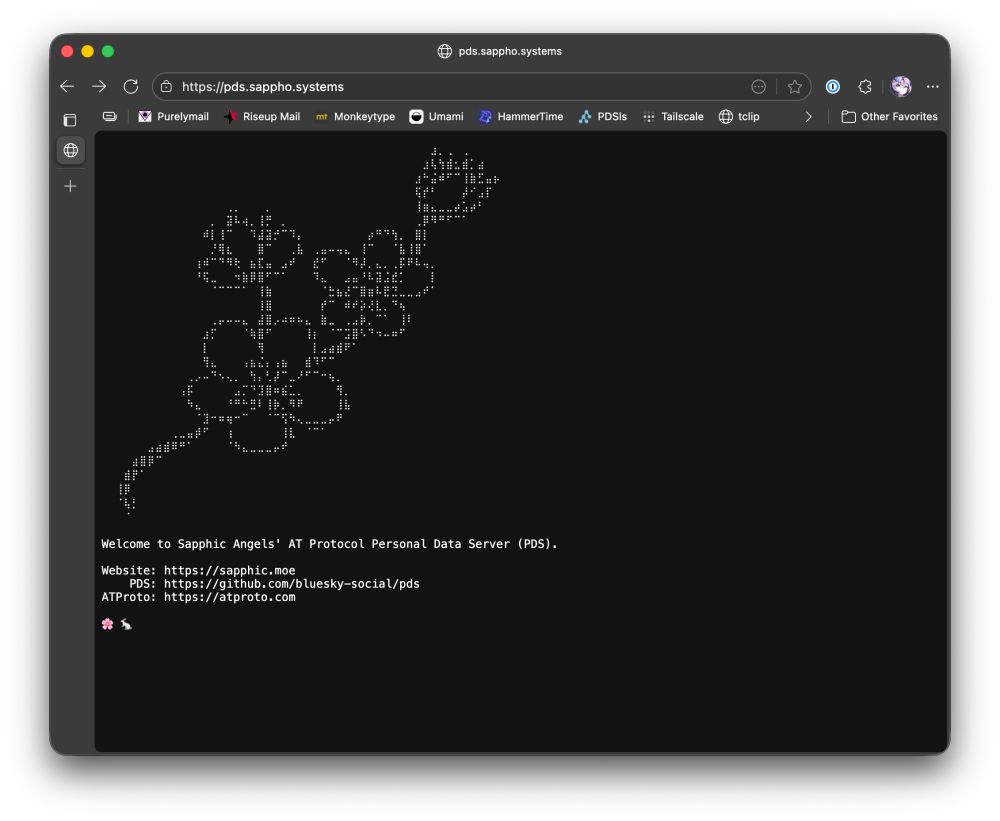 The image shows a terminal-style web interface for pds.sappho.systems, featuring ASCII art of cherry blossom flowers and text that welcomes users to "Sapphic Angels' AT Protocol Personal Data Server (PDS)".

Below the art, links to our website, the GitHub repository of Bluesky's Personal Data Server, and the documentation for AT Protocol are provided.