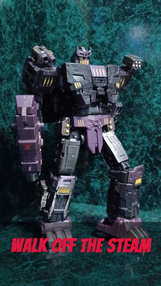 A photo of transformers AOTP The Fallen walking. Text below him reads, "Walk off the steam."