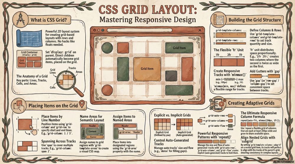 CSS Grid Layout infographic explaining responsive design, structure, item placement, and adaptive grids.