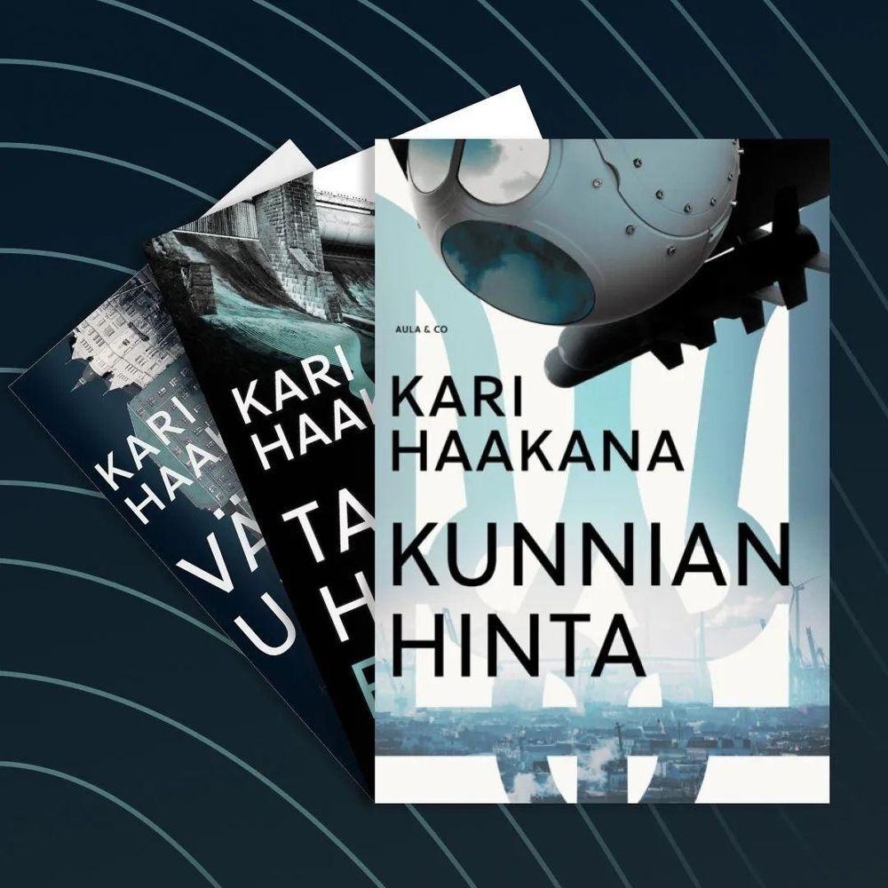 Kari Haakanan kirjat (Välitön uhka, Tapa hänet ensin ja Kunnian hinta) tummalla pohjalla.