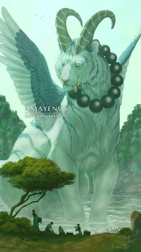 A large tiger-like deity, benevolently watching a group of women washing clothes on the shore of a lake. 